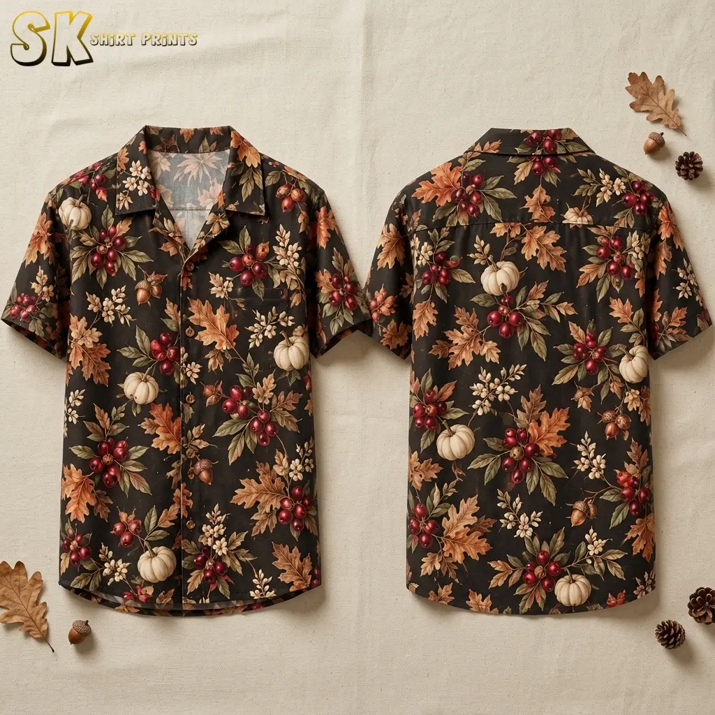 Front and back of a black Thanksgiving button up shirt displayed on a beige background with scattered leaves, acorns, and pinecones.