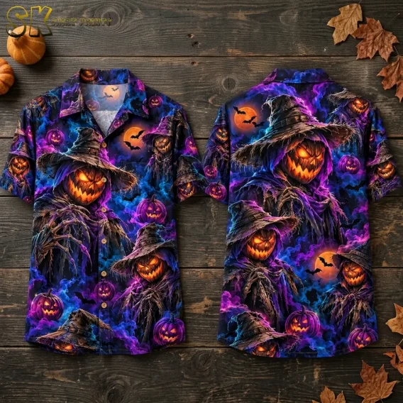 Front and back of a pumpkin Hawaiian shirt laid on dark wood, with orange scarecrow faces and purple jack-o'-lanterns.