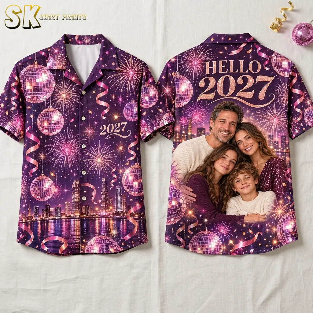 Front and back of a purple disco shirt on a white background, with “HELLO 2027” above a family portrait on the back.