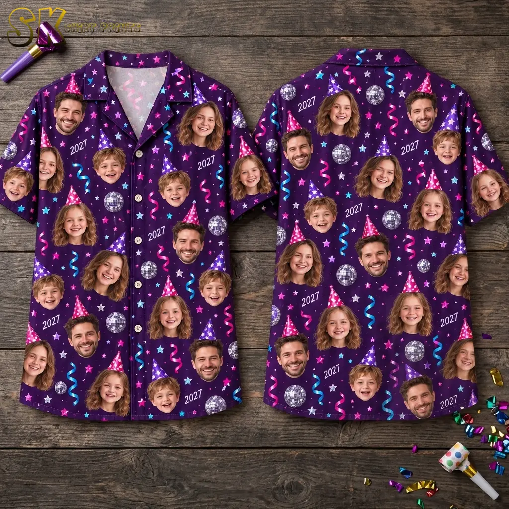 Purple button-up shirts lie front and back on a wooden surface, showing repeated faces, disco balls, and white 2027 text.