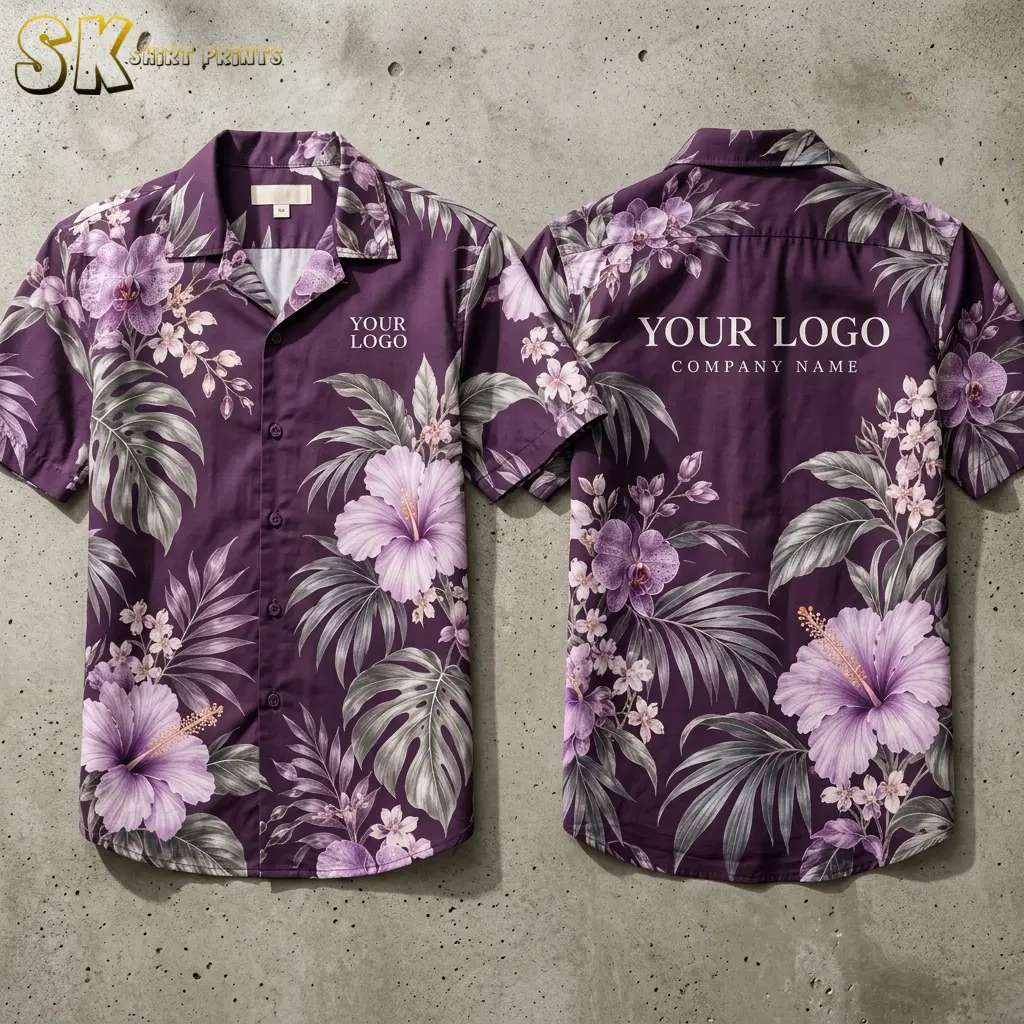 Front and back views of a deep purple custom Hawaiian shirts with company logo placement shown on the left chest and upper back, surrounded by large hibiscus and orchid print.
