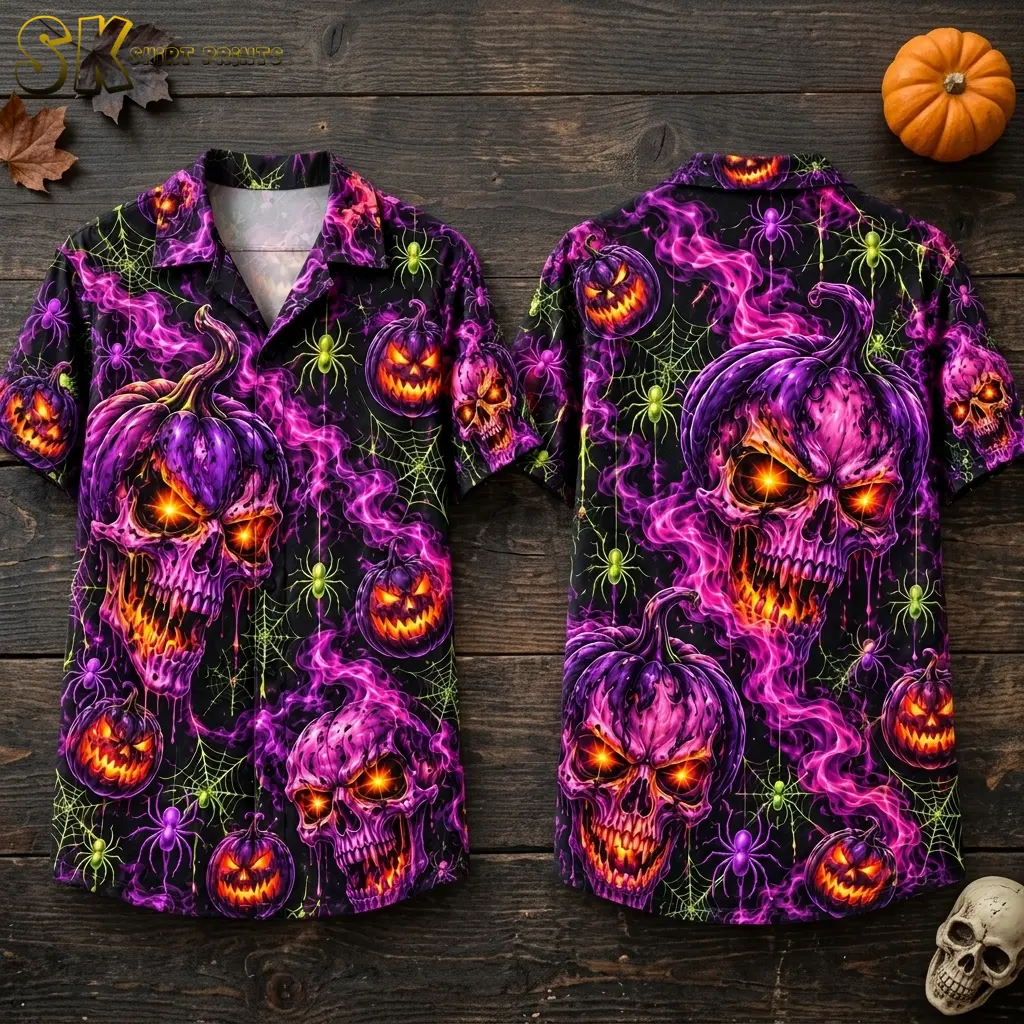 Front and back of a black Halloween Hawaiian shirt laid on dark wood, with purple pumpkin skulls and green spiderwebs.