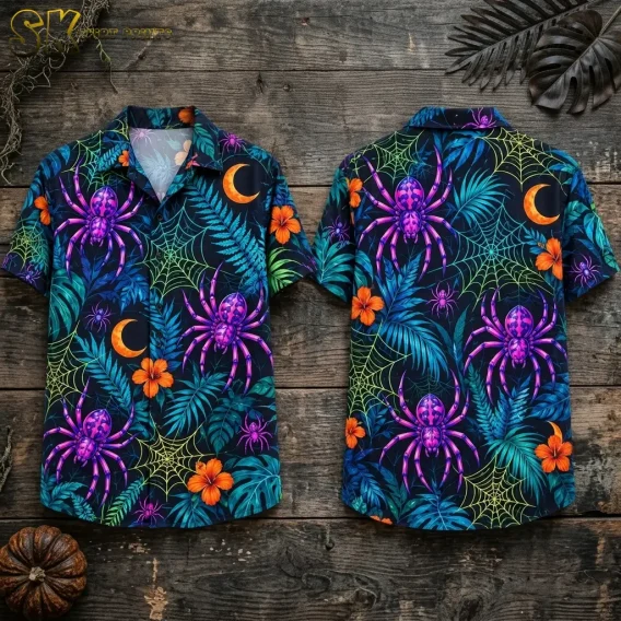 Front and back of a black Halloween Hawaiian shirt laid on wooden boards, featuring purple spiders, bright webs, and tropical foliage.