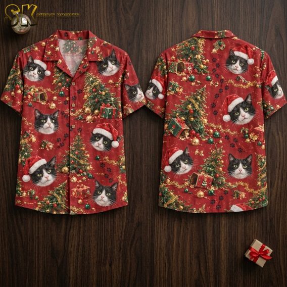 Front and back views of a red xmas hawaiian shirt displayed flat, showing realistic tuxedo cat faces wearing Santa hats alongside decorated Christmas trees, gold ornaments, and scattered black paw prints.