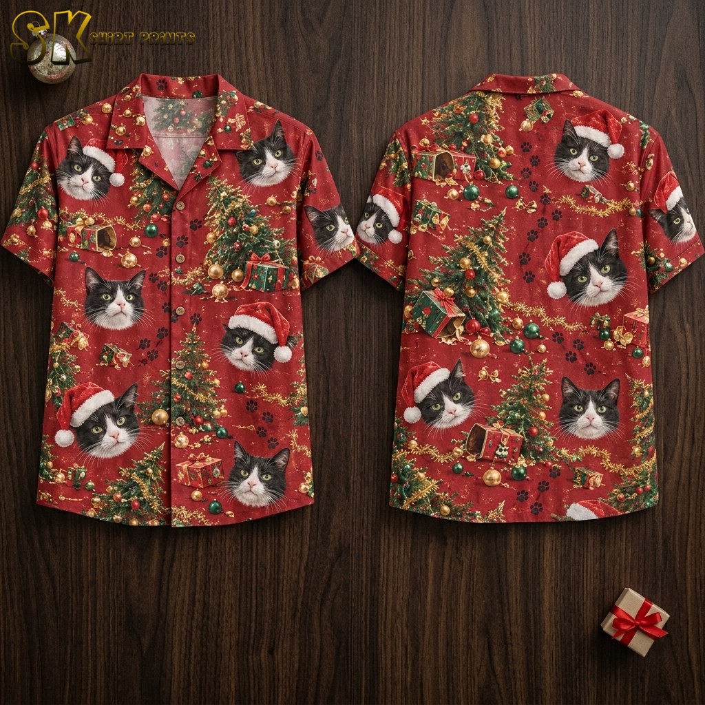 Front and back views of a red xmas hawaiian shirt displayed flat, showing realistic tuxedo cat faces wearing Santa hats alongside decorated Christmas trees, gold ornaments, and scattered black paw prints.