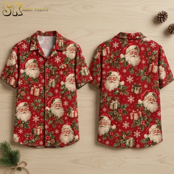 Front and back of a red Santa Hawaiian shirt lie on pale wood, showing Santa portraits, snowflakes, and wrapped gifts.