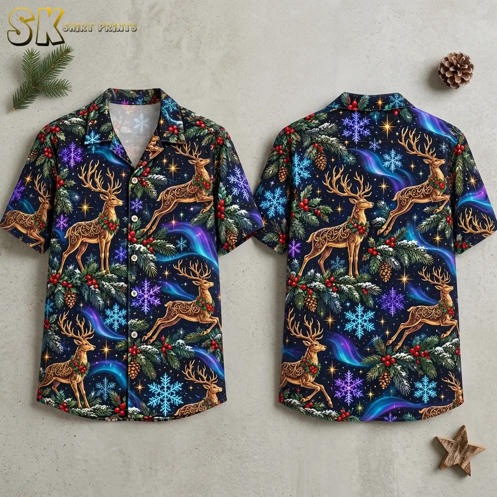 Front and back of a dark Christmas themed Hawaiian shirt laid on a gray surface, featuring golden-brown reindeer and colorful snowflakes.