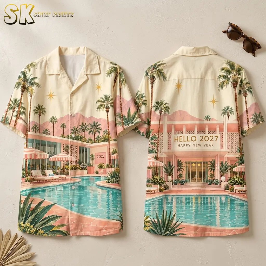 Front and back of a cream button-up shirt with a turquoise pool print and “HELLO 2027 HAPPY NEW YEAR” across the back.