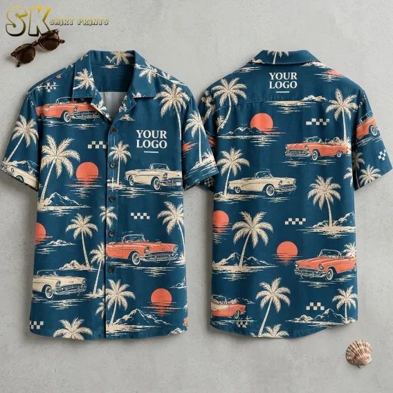Front and back views of a custom hawaiian shirt with company logo placeholder, featuring vintage convertible cars, palm trees, and orange suns on a dark teal all-over print.