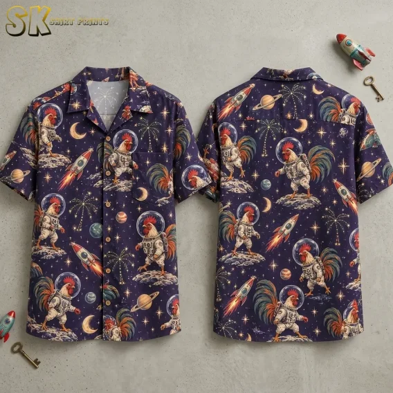 Front and back of a navy rooster Hawaiian shirt laid on a gray surface, showing astronaut roosters and rockets.