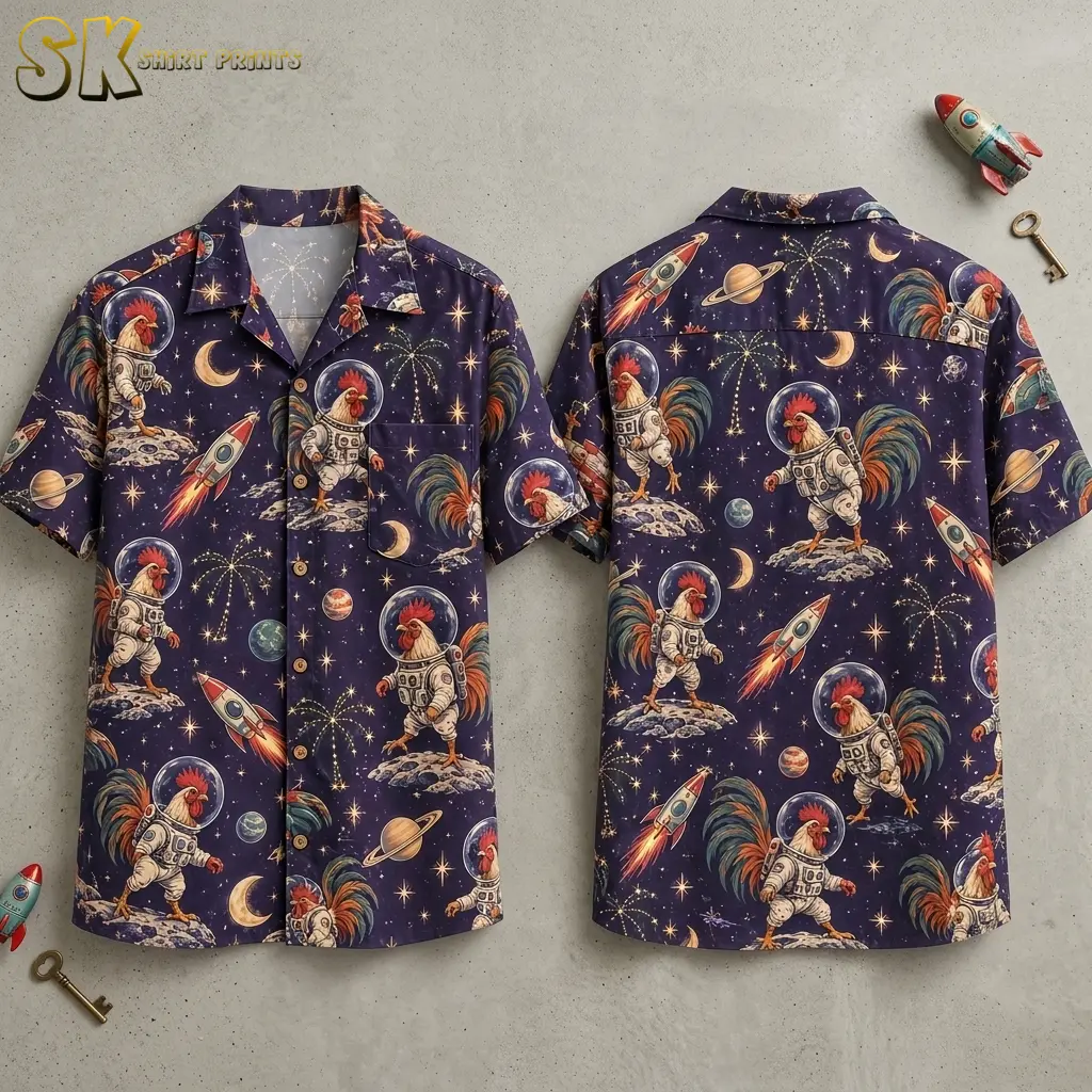 Front and back of a navy rooster Hawaiian shirt laid on a gray surface, showing astronaut roosters and rockets.