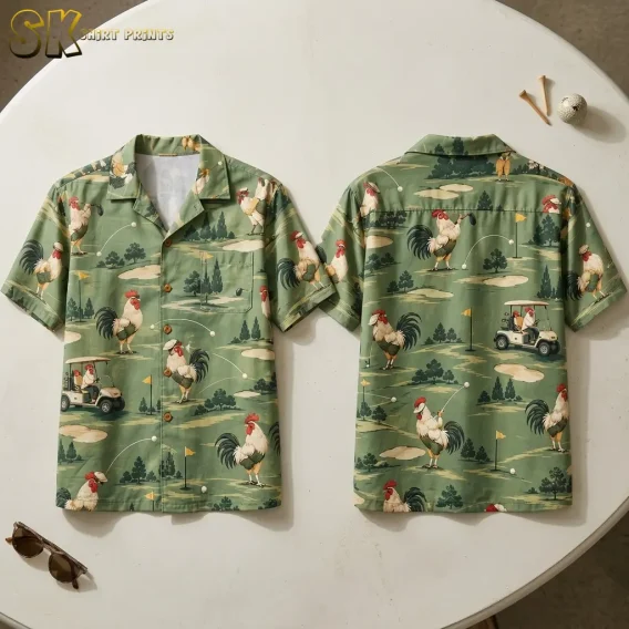 Front and back of a green rooster Hawaiian shirt lie on a white round table beside sunglasses, golf tees, and a golf ball.