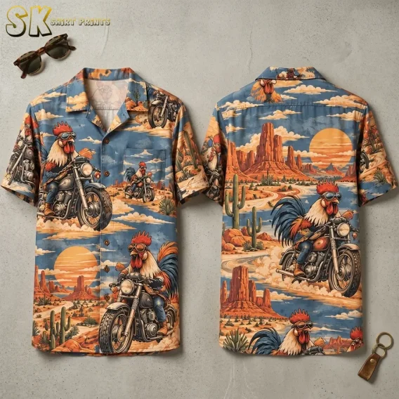 Front and back of a blue rooster Hawaiian shirt laid side by side, showing motorcycle riders and orange desert scenery.