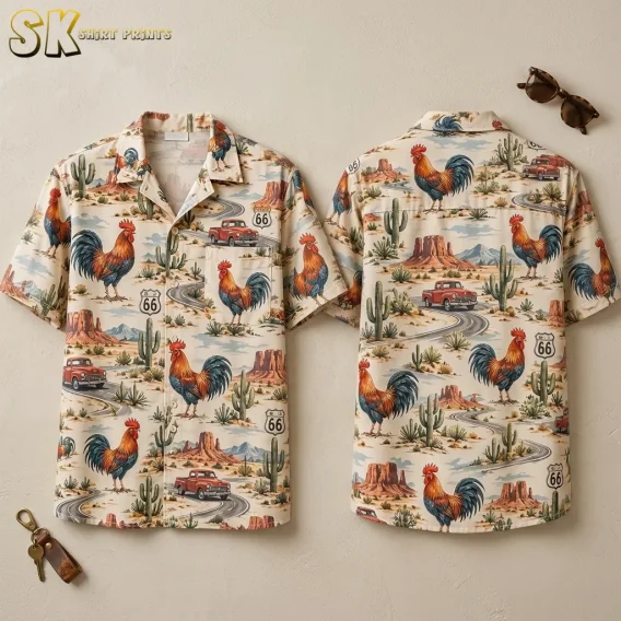 Front and back of a cream rooster Hawaiian shirt displayed side by side, with red trucks and cactus scenery across the print.