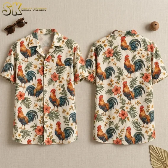 Front and back of a cream rooster Hawaiian shirt displayed side by side on a beige background.
