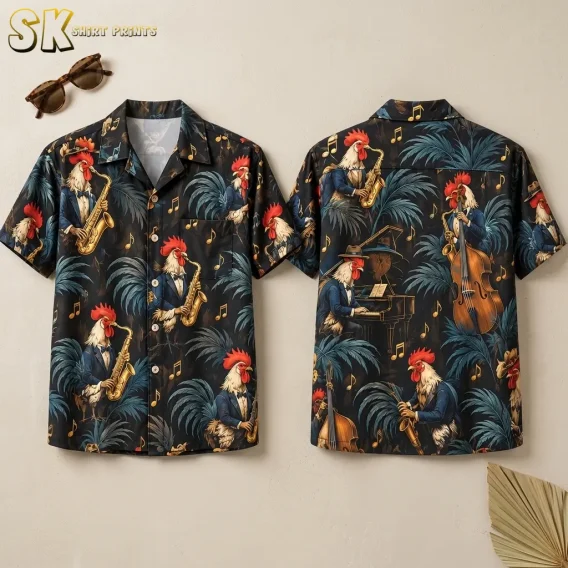A rooster Hawaiian shirt is displayed front and back on a beige background, showing tuxedo-clad birds playing jazz instruments.