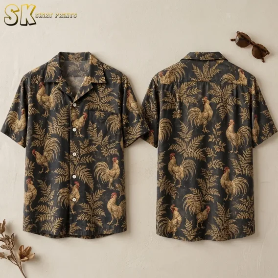 Front and back of a dark rooster Hawaiian shirt displayed against a beige background, with golden foliage and red comb accents.