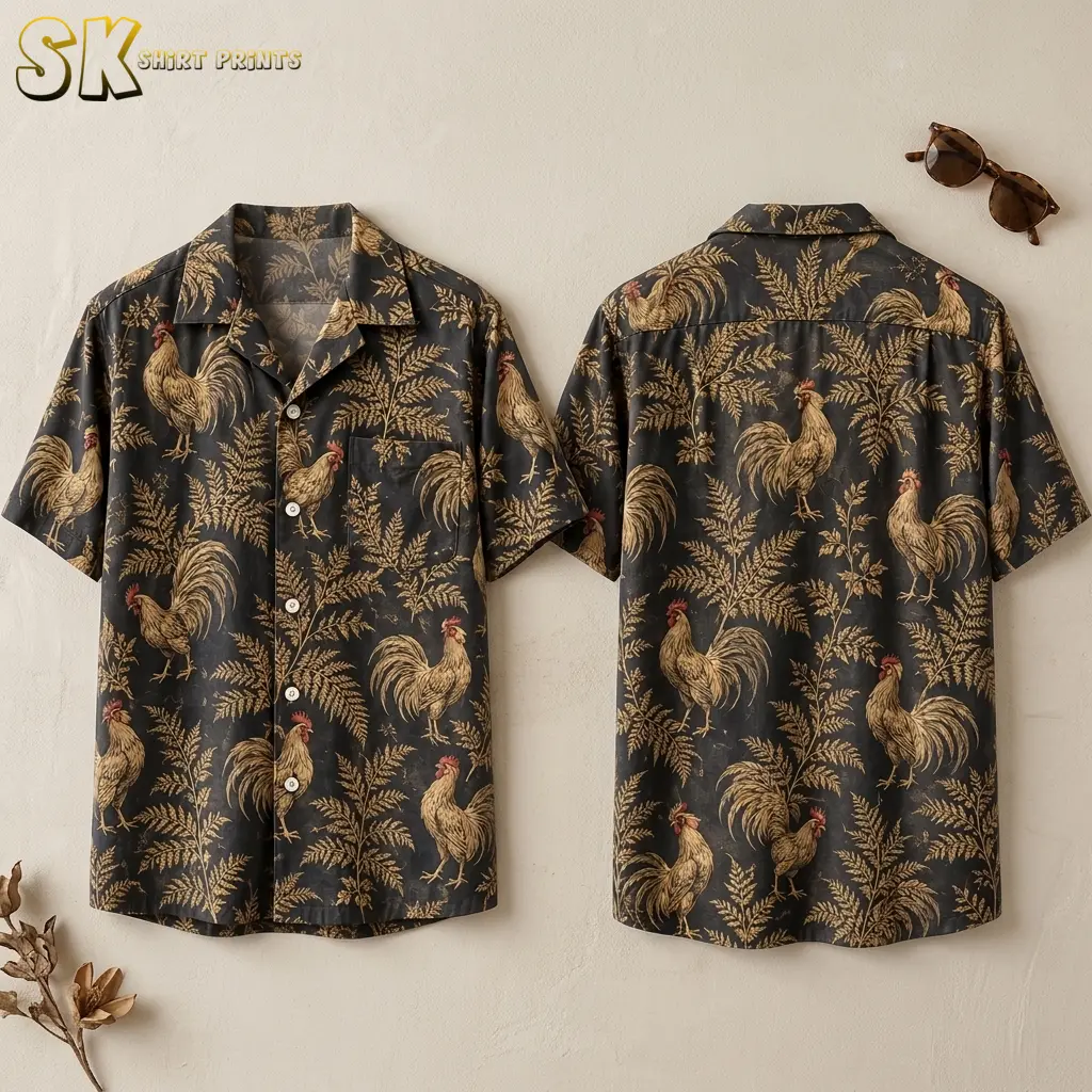 Front and back of a dark rooster Hawaiian shirt displayed against a beige background, with golden foliage and red comb accents.