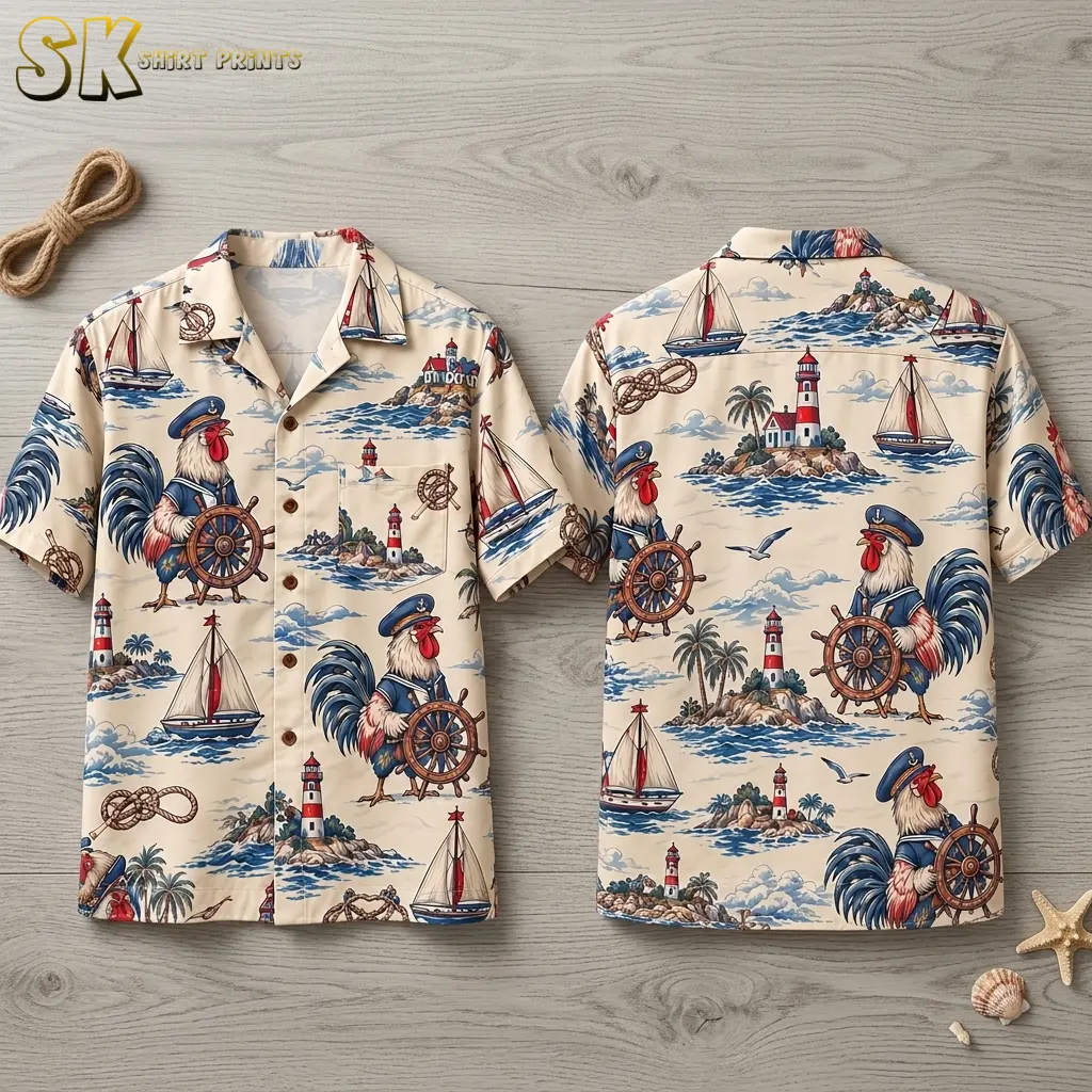 A cream rooster Hawaiian shirt is laid out front and back on gray wood, showing nautical captain illustrations and sailboats.