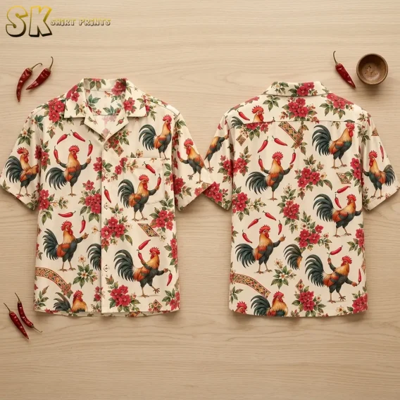 Front and back of a cream rooster Hawaiian shirt lie side by side on a wood surface, showing colorful roosters and red flowers.