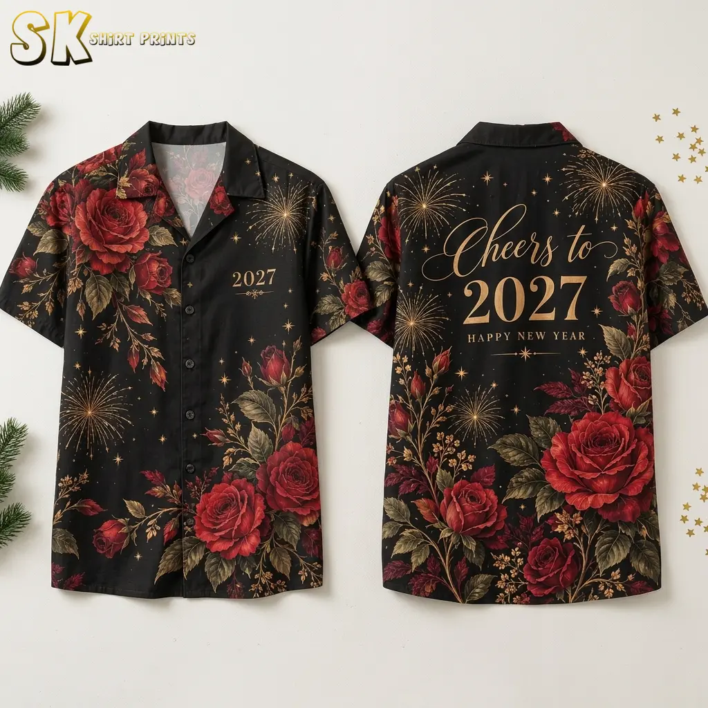 Black button-up shirt shown front and back on a light background, with red roses and gold “Cheers to 2027” back lettering.