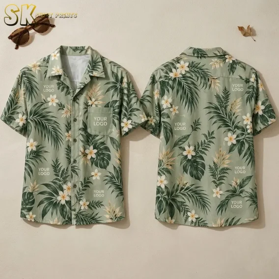 Front and back of a sage green custom hawaiian shirts with company logo placeholders showing monstera leaves, palm fronds, and white plumeria flowers across the full garment, including a chest pocket on the front.