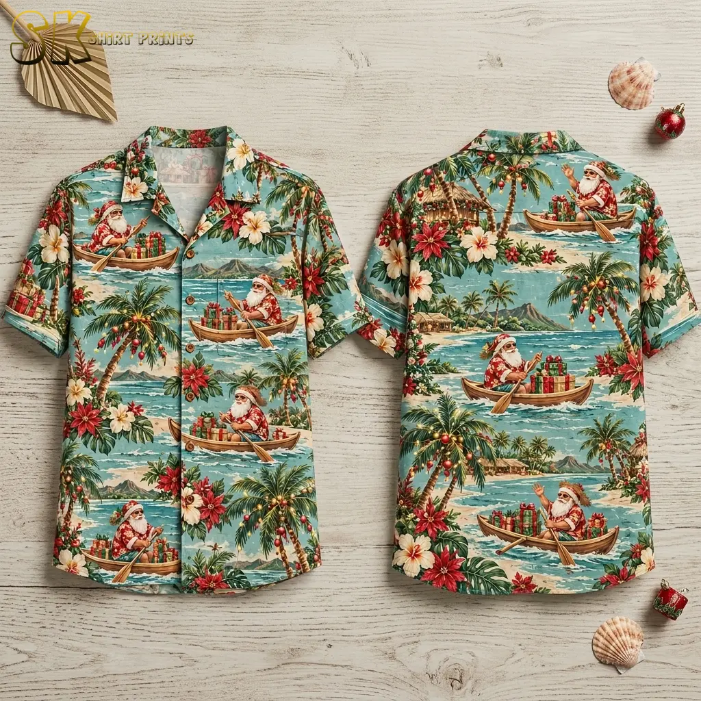 Front and back of a turquoise Santa Claus Hawaiian shirt laid on pale wood beside seashells and red ornaments.