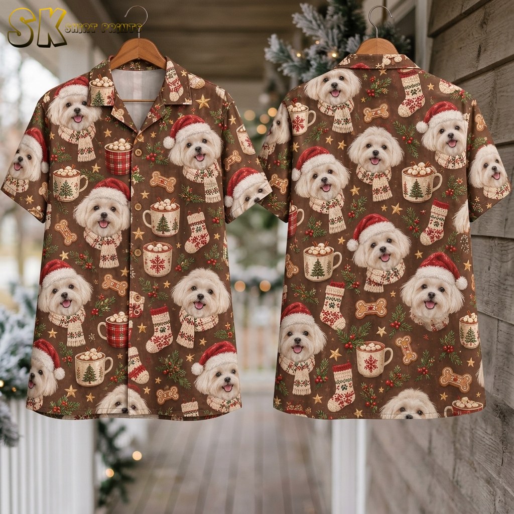 The santa hawaiian shirt hangs on a wooden hanger on a snowy porch, showing both the front and back panels with repeating white Maltese dogs in red Santa hats, holiday mugs, and gingerbread bones against the brown background.