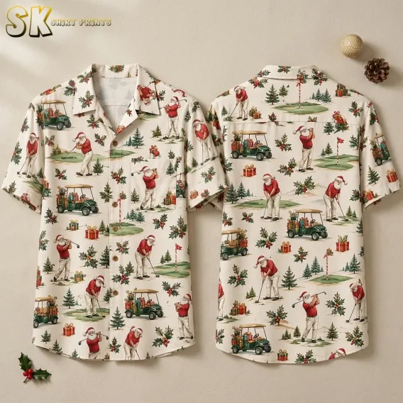 Front and back of a cream Santa Hawaiian shirt displayed against a beige background, with golfing Santas and gift-filled golf carts.