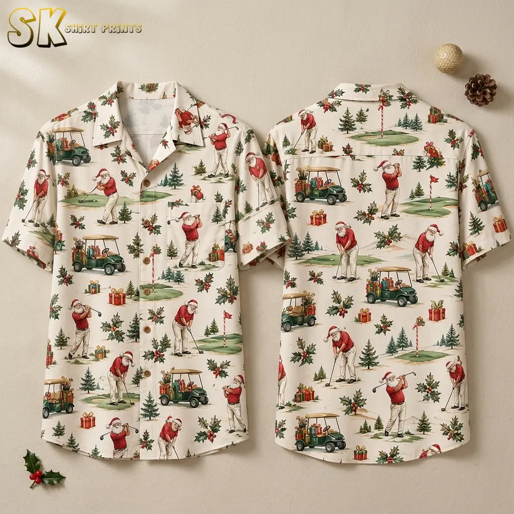 Front and back of a cream Santa Hawaiian shirt displayed against a beige background, with golfing Santas and gift-filled golf carts.