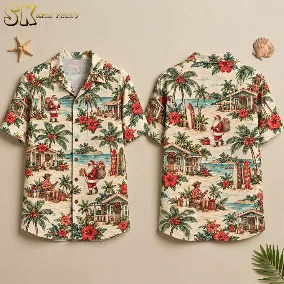 Front and back of a cream Santa Claus Hawaiian shirt displayed against a beige background with shell and starfish accents.