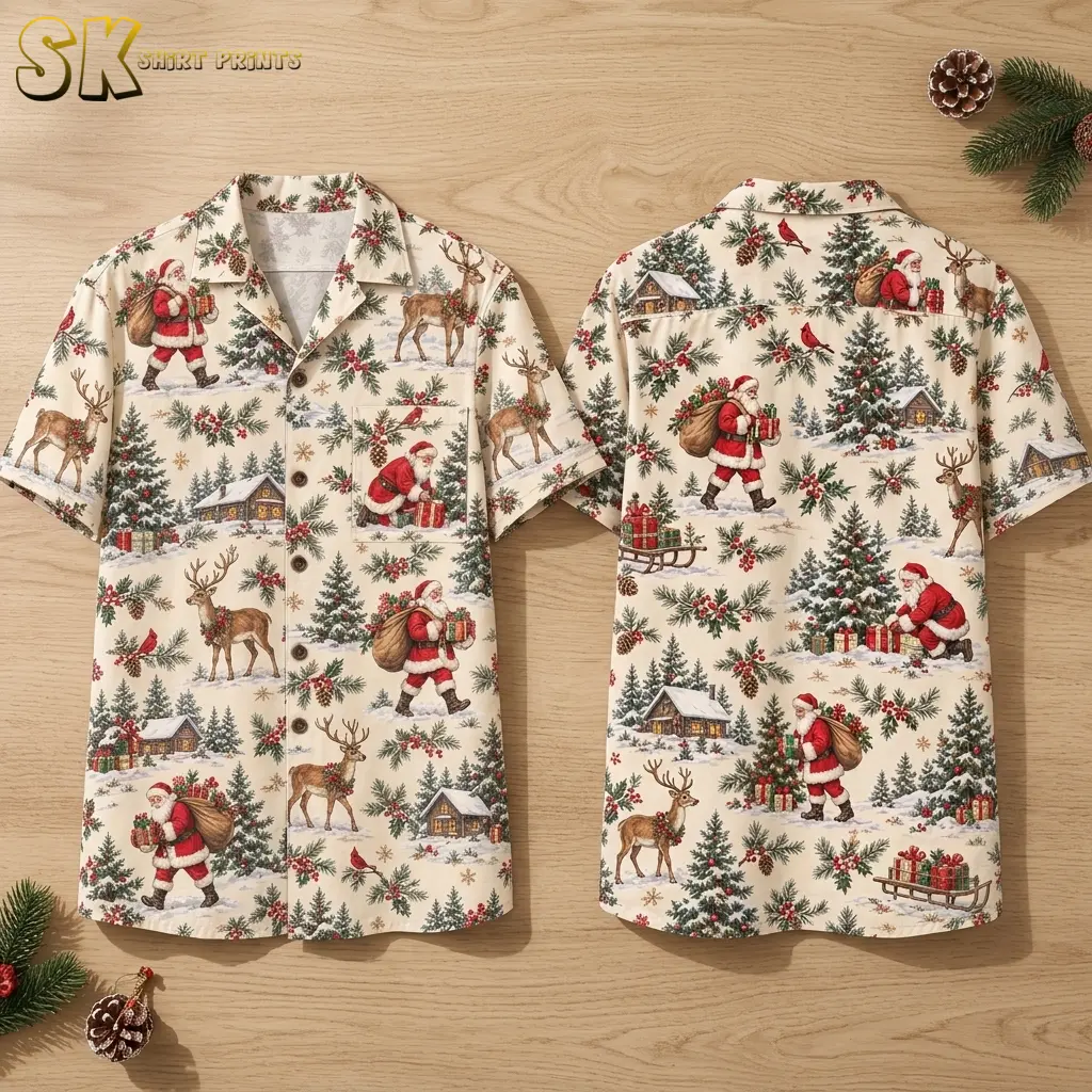 Front and back of a cream Christmas themed Hawaiian shirt lie on a wood surface, showing Santa, reindeer, and snowy cabin illustrations.