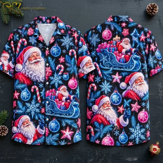 A black Hawaiian shirt with Santa Claus illustrations is shown front and back on dark wood, with blue snowflakes and pink ornaments.