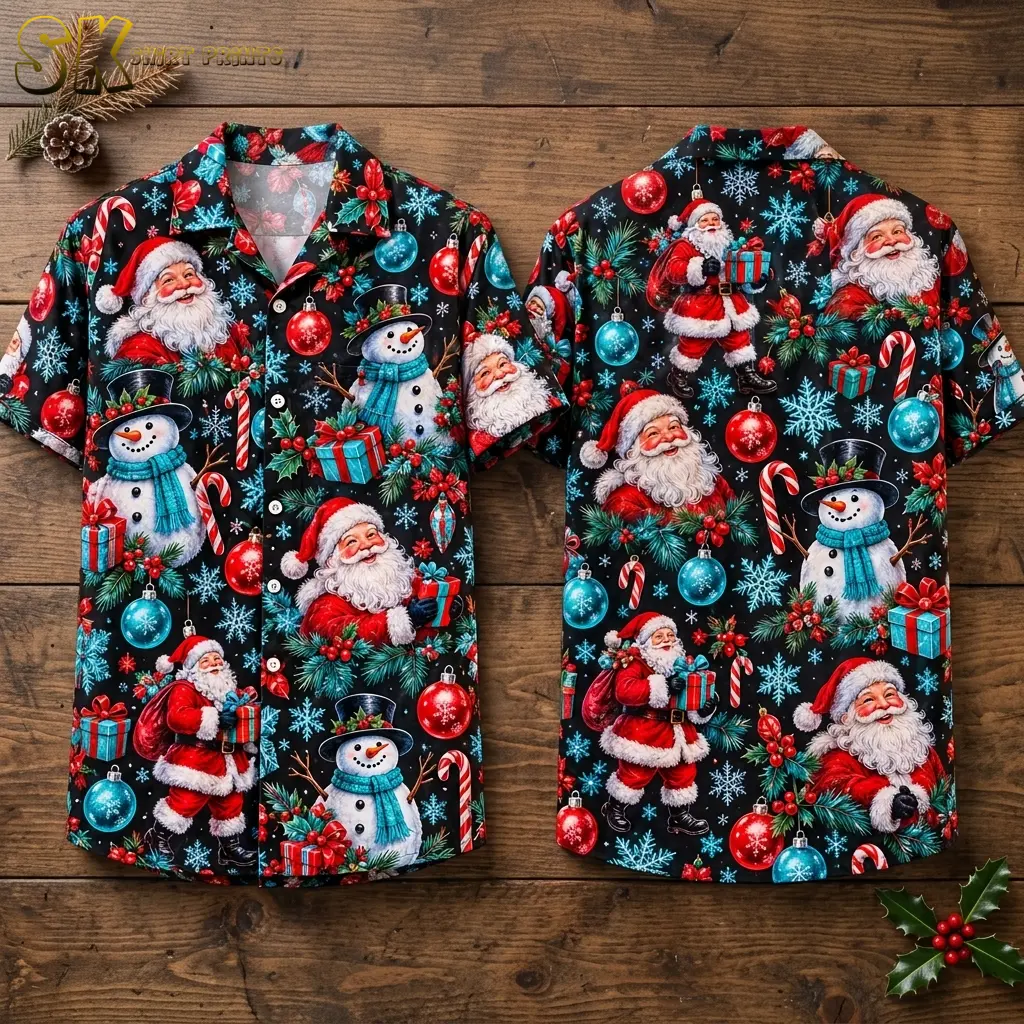A black Christmas Hawaiian shirt lies front and back side by side on wood, displaying Santa Claus and snowmen with blue scarves.