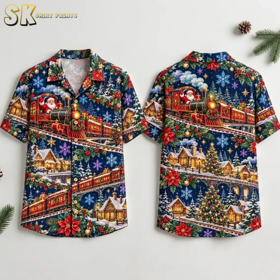 Front and back of a navy Christmas themed Hawaiian shirt with Santa driving a red steam train through a snowy village.