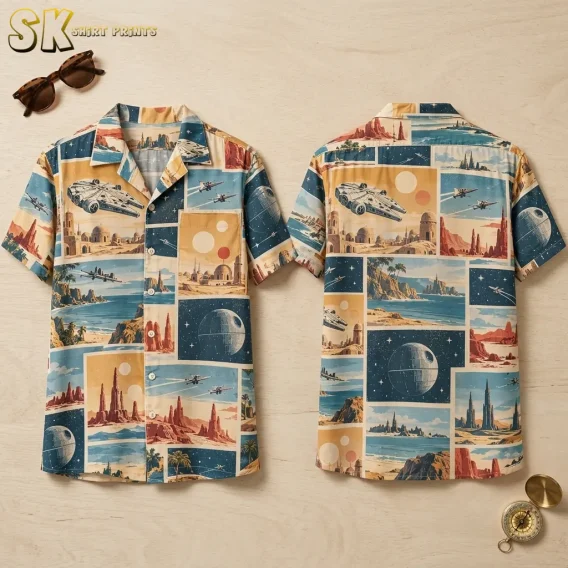 Front and back of a star wars hawaiian shirt laid flat, showing the all-over retro panel print with the Millennium Falcon, Death Star, desert rock formations, and starry skies arranged in a postcard-style grid.