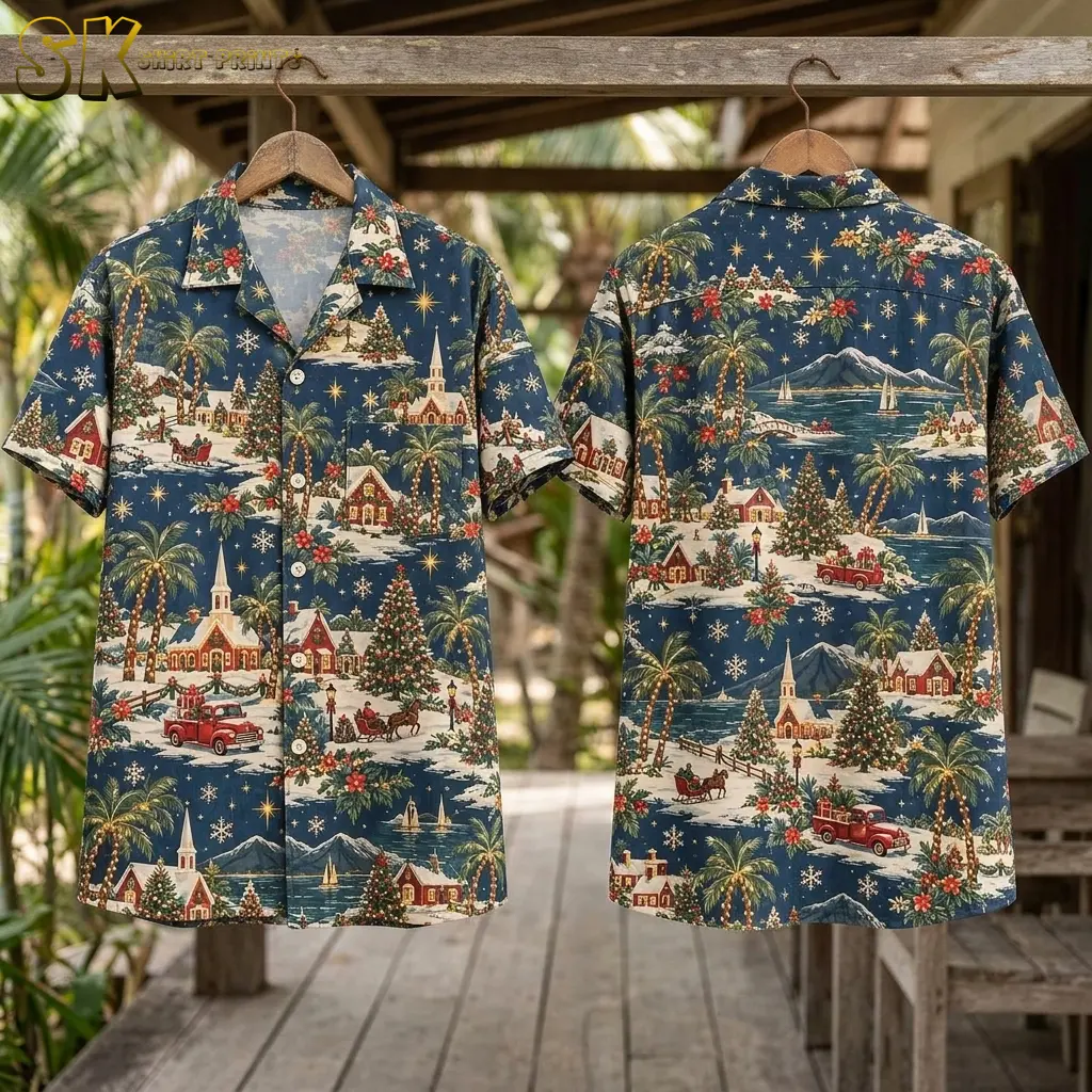 Front and back of the tropical christmas shirt hanging side by side on wooden hangers beneath a rustic covered porch, with palm trees and garden furniture visible in the background.