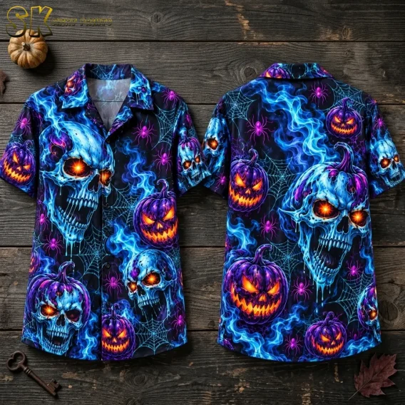 Front and back of a Halloween Hawaiian shirt laid on dark wood, featuring blue skulls and purple jack-o’-lanterns with orange facial details.