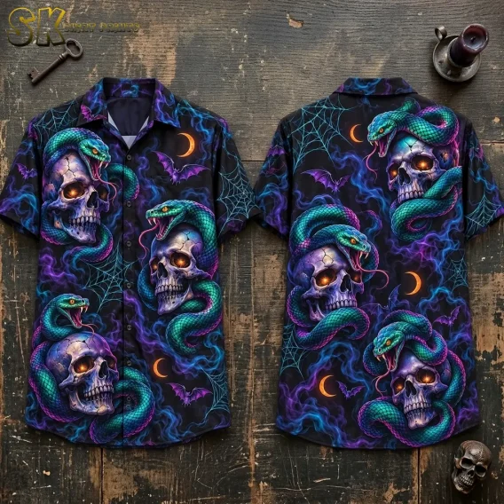 Front and back of a black horror Hawaiian shirt laid on weathered wood, featuring teal snakes wrapped around large skulls.