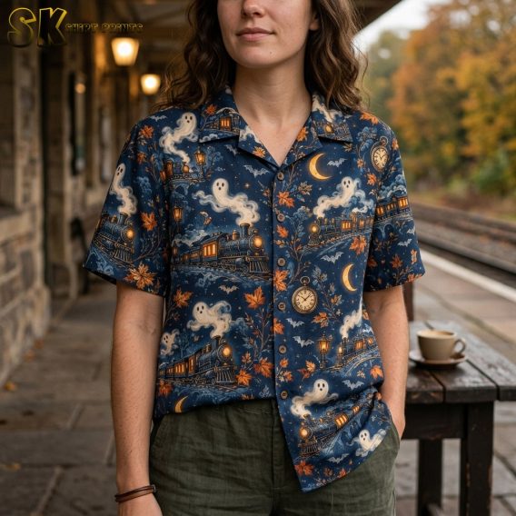 Close-up of a spooky hawaiian shirt showing detailed artwork of swirling ghost smoke shapes, pocket watches, bats, and autumn leaves on a deep navy ground.