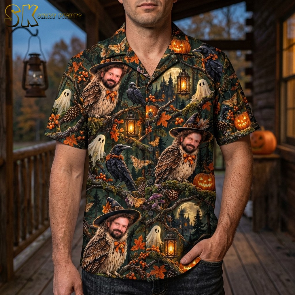 A man wearing the short-sleeve button-up shirt with the dark green and black owl-face Halloween print, shown in a lifestyle setting.