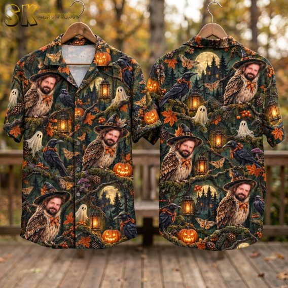 Flat-lay view of the spooky Hawaiian shirt showing both the front and back panels side by side, with the full all-over pattern of owls with a man's face, jack-o'-lantern pumpkins, a haunted mansion, moths, mushrooms, and twisted tree branches visible across both sides.