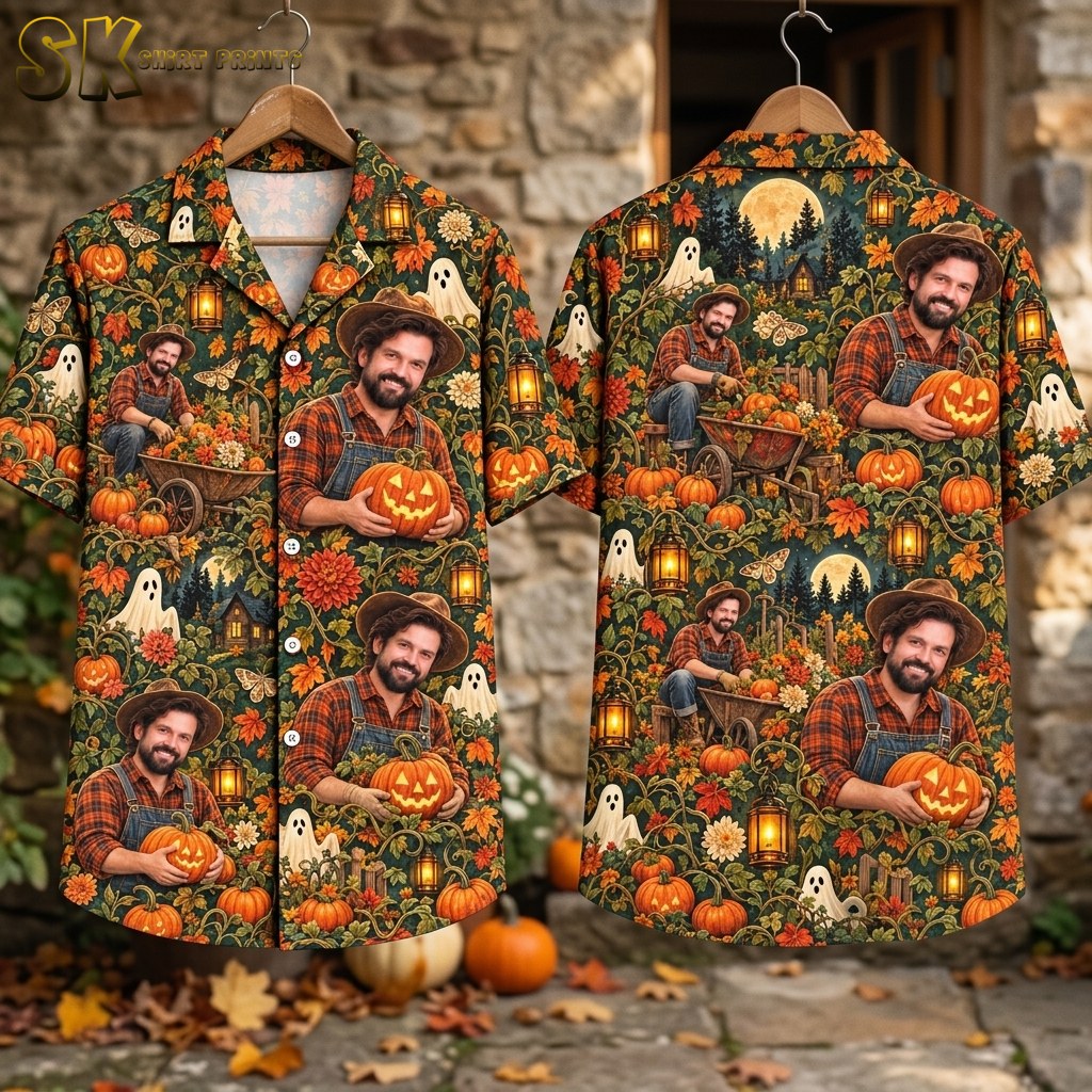 Front and back of the spooky hawaiian shirt hang side by side on a hanger against a stone wall, with the back panel showing a full moon rising over pine trees and a rustic cabin behind the repeated farmer-and-pumpkin figures.