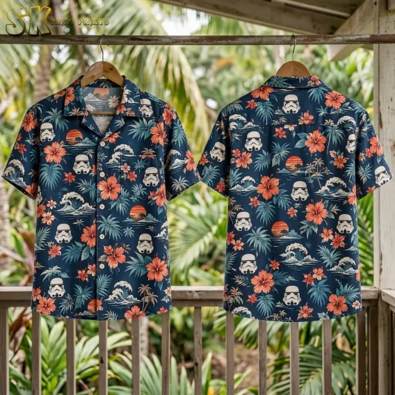 The front and back of the star wars aloha shirt hanging on wooden hangers against a railing, with tropical greenery visible in the background.