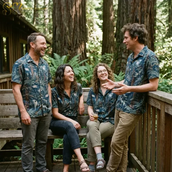 Four people — two men and two women — wearing matching navy forest-print shirts laugh together on a wooden deck among towering trees, with Death Star and spacecraft details scattered across each shirt.