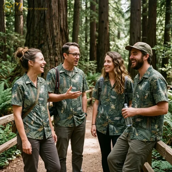Four people wearing matching star wars aloha shirts laugh and talk while walking a fern-lined woodland path, with the repeating space-station-and-forest print visible on each shirt.