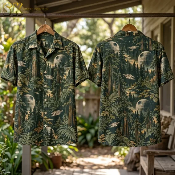 A star wars hawaiian button up shirt hangs on two wooden hangers on a shaded porch rail, showing both front and back panels with the pine-forest and space-station print in natural light.