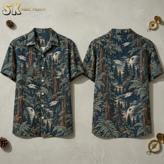 Front and back of a star wars hawaiian shirt laid flat, showing an all-over navy pattern of tall redwood-like trees, a grid-patterned Death Star, and a Millennium Falcon silhouette repeated across both panels.