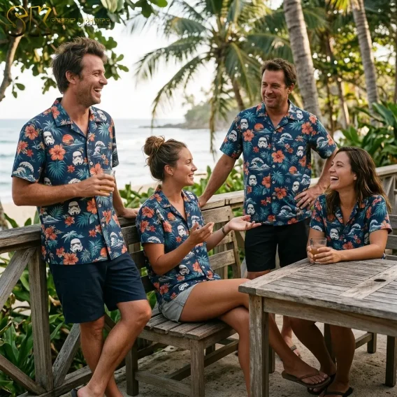 Two men and two women all wearing the same star wars hawaiian shirt, laughing and holding drinks on a wooden deck beside a beach with palm trees behind them.