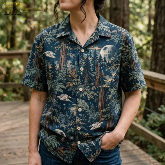 A woman wearing the navy star wars tropical shirt stands outdoors on a wooden walkway, with a large Death Star motif prominent on the upper chest and Millennium Falcon shapes visible lower on the shirt.